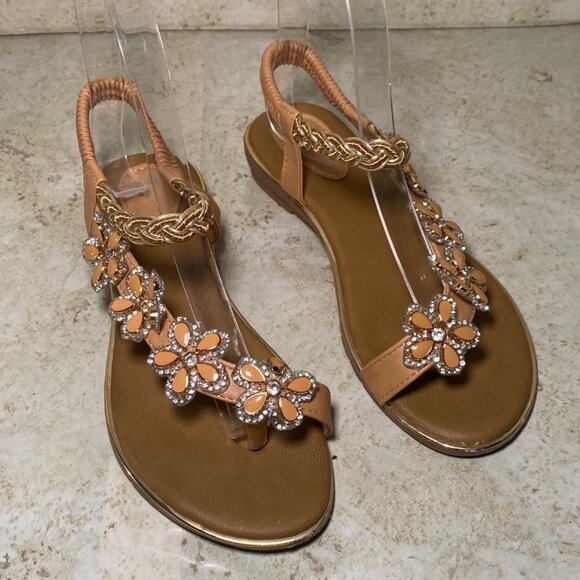 Womens Tan Beaded Floral Sandals Braided Strap Rhinestones Boho Fairy Cottage - Picture 1 of 9